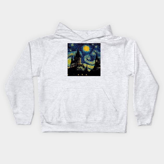 Starry Night Wizarding School Van Gogh Kids Hoodie by Grassroots Green